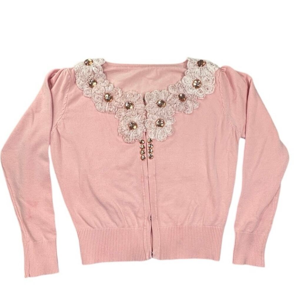 San Fu Lan Floral Crochet Lace Rhinestone Cardigan Pink Knit Sweater